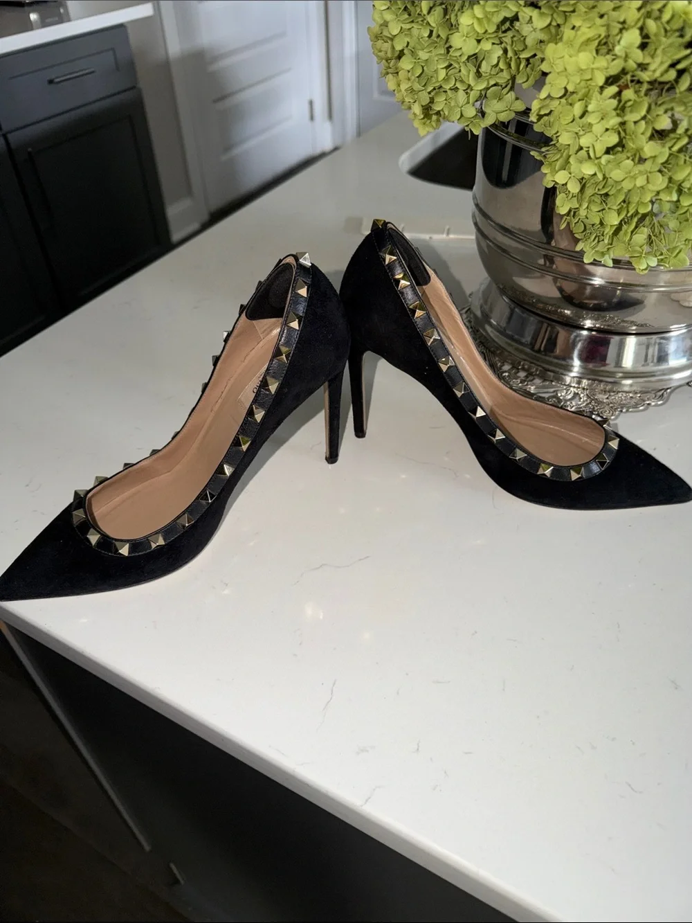 Valentino Black Suede Rockstud Pointed-Toe Pumps